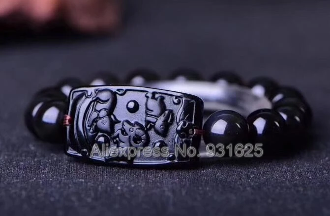 Натуральный черный обсидиан резной китайский три зодиака + 8 мм 20 круглые бусины