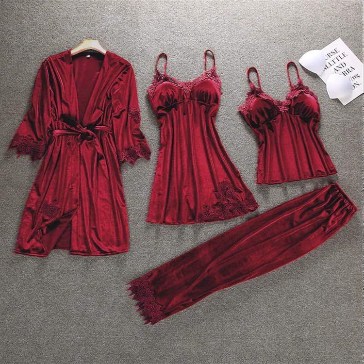 

Autumn Velour Womens Kimono 4pcs Strap Top Pants Suit Robe Bath Gown Sleepwear Sets Casual Pajamas Winter Home Wear Nightwear