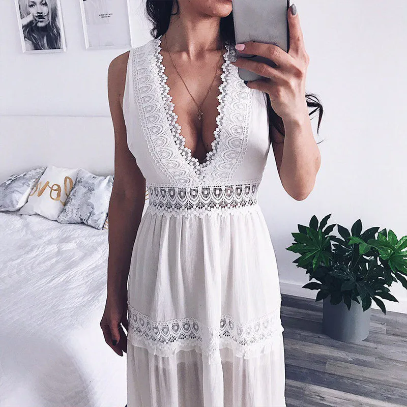 Deep V Elegant White Lace Sexy Dress Women Backless Hollow Out Summer Long Maxi Dresses Female Clothing S M L Xl | Женская одежда