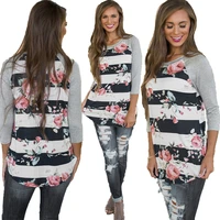 s 3xl lady patchwork o neck full length t shirt women casual leisure spring t shirt striped floral print tops t shirt plus size