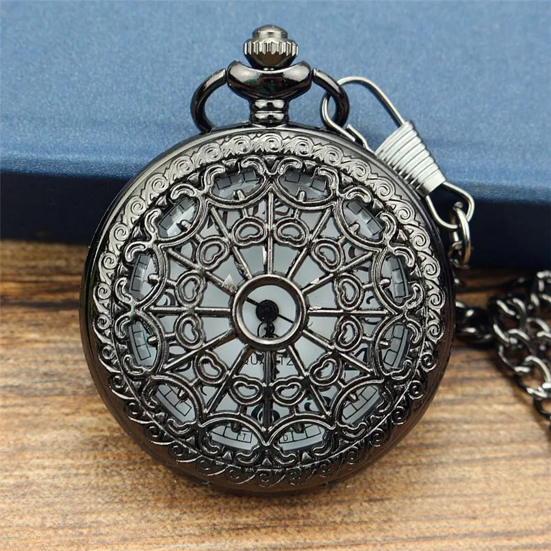 

free shipping Relogio De Bolso gun color Quartz Steampunk Pocket Watch Spider Web Hollow Women Men Pendant Necklace Chain Gifts