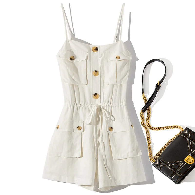 Богемный Вдохновленный льняной комбинезон для женщин на бретельках с передними