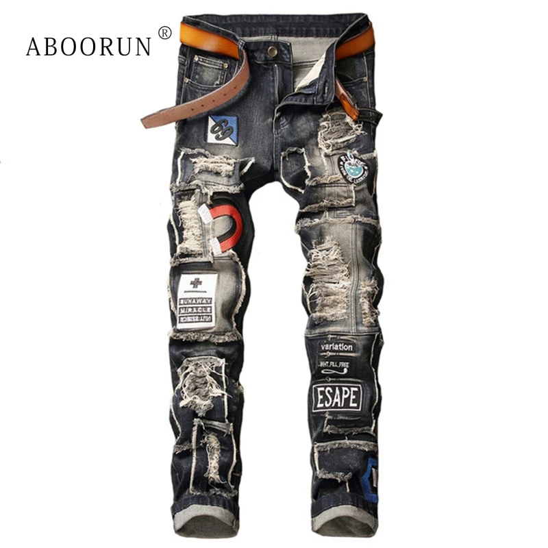 Мужские узкие джинсы ABOORUN в стиле панк потертые с вышивкой мужские брендовые