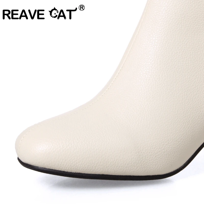 REAVE CAT/женские сапоги до середины икры женские сапоги на высоком каблуке осенне-зимние однотонные сапоги из искусственной кожи на молнии, большие размеры 32-46, теплые черные, бежевые, белые, A006