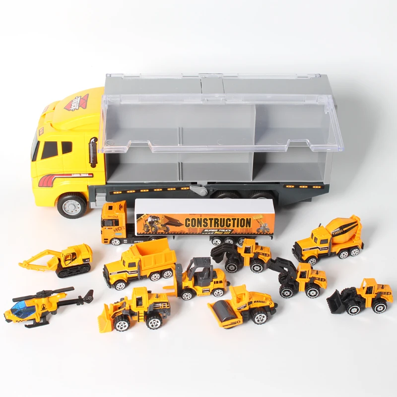 12pcs/set Mini Diecast Alloy Car 2in1 Model Engineering Toy Vehicles Carrier Truck with Ejection &amp Carry Function Xmas Gift | Игрушки и