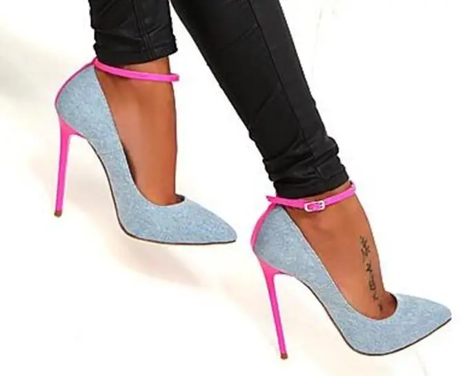 

Denim Blue High Heel Shoes Sexy Pointed toe Ankle Strap Woman Pumps 2018 Newest Pink Stiletto Heel Dress Shoes