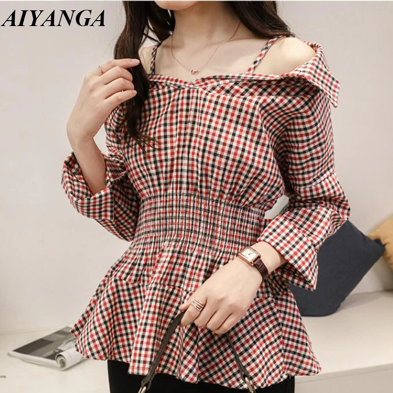 M-3XL 4XL Women Blouse 2019 Womens Tops and Blouses Plaid Shirts Sexy Slash Neck Off Shoulder Long Sleeve Elastic Waist Shirt