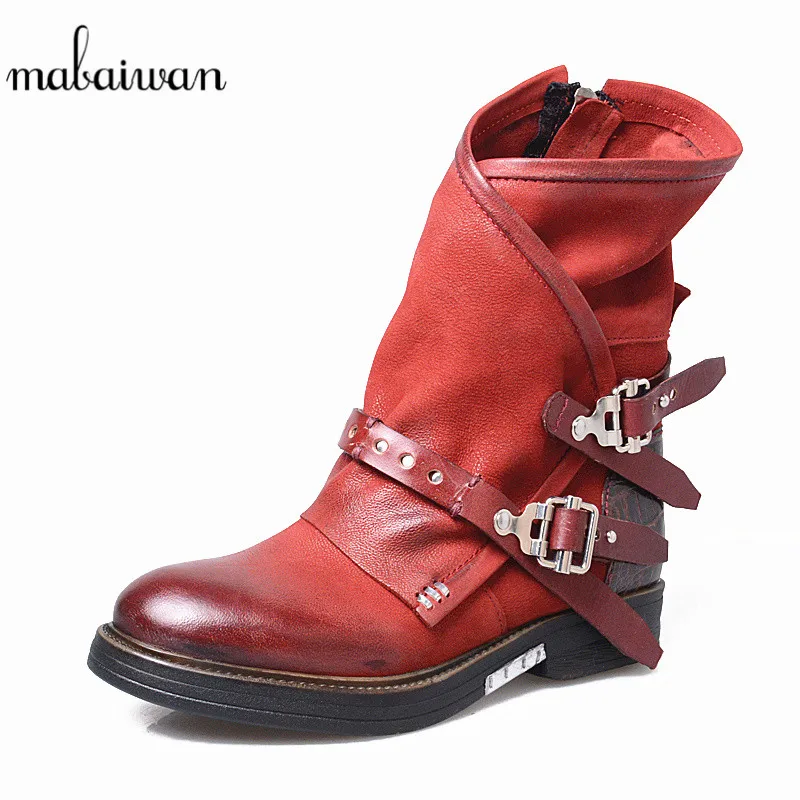 melhor Mabaiwan Moda Cowboy Militar Botas De Inverno Genuíno Couro De Sapatas Das Mulheres Fivelas Equitação Flats Ankle Boots Retro Zapatos Mujer