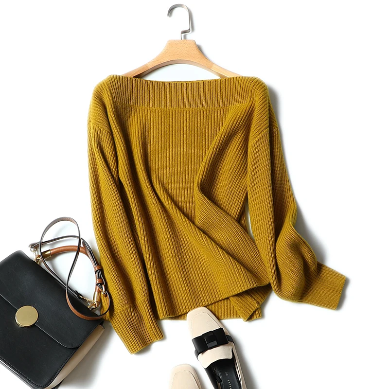 100% Cashmere Sweater Women Simple Design Slash Neck Drop-shoulder Long Sleeves 3 Colors Ladies Pullovers Knitwear 2018 Fashion | Женская
