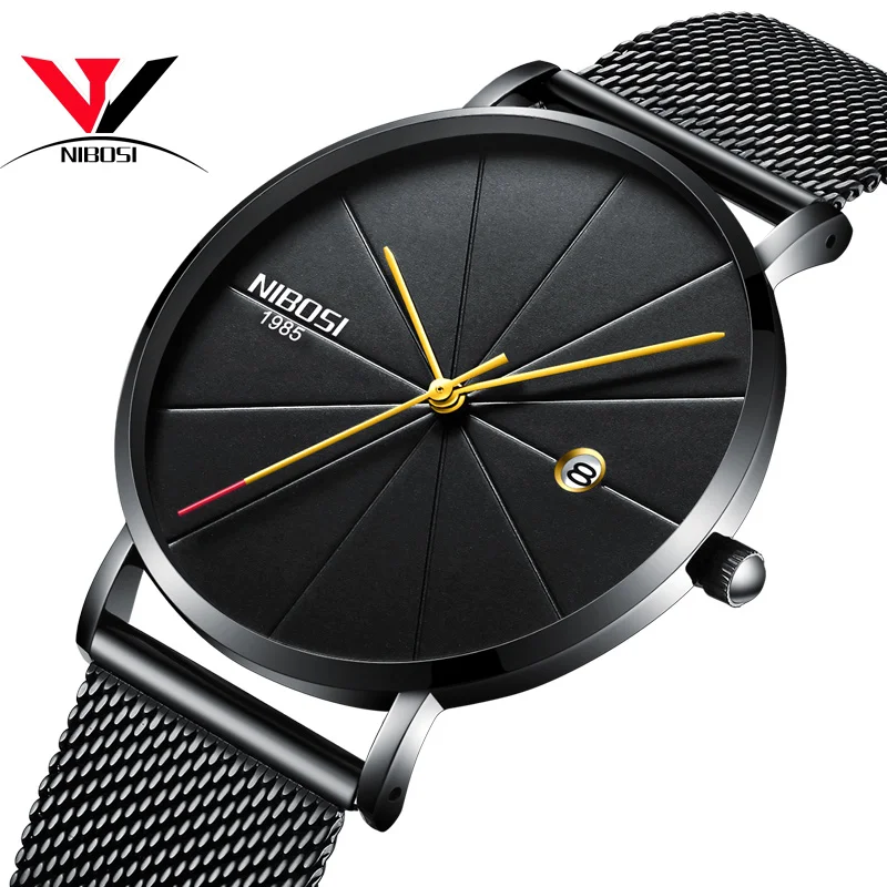BLACK GOLD HAND M Relogios NIBOSI Masculino тонкие часы для мужчин люксовый бренд сетчатый ремешок водонепроницаемые золотые часы унисекс для женщин/мужчин - Цвет: BLACK GOLD HAND M