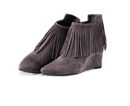 

Elegant Solid Black/Grey Fringe Casual Women Spring/Autumn Shoes Shallow Wedge High Heels Women Ankle Boots Free Ship Size 8.5