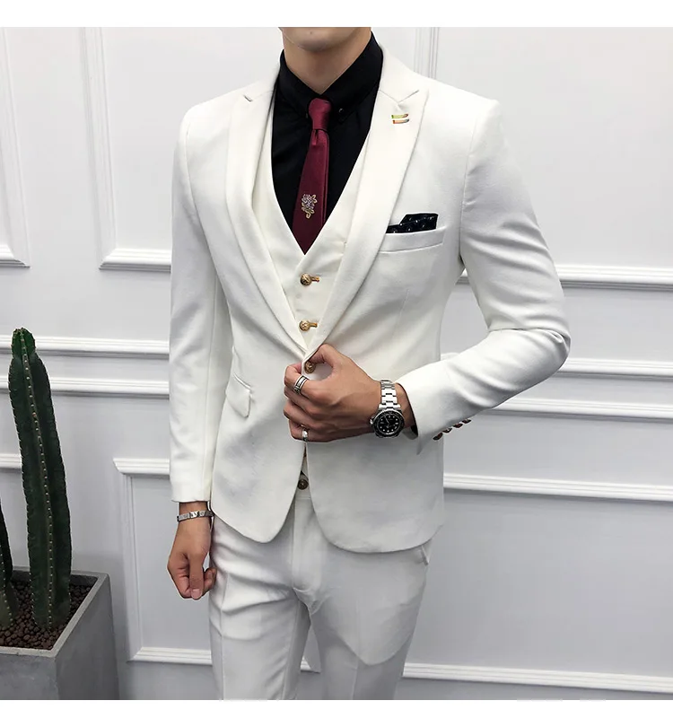 2019 Men's Slim Fit White Suits Men Korean Style Business Suit Men Casual Party Tuxedo Suits 3 Pieces Set Jacket Vest Pants