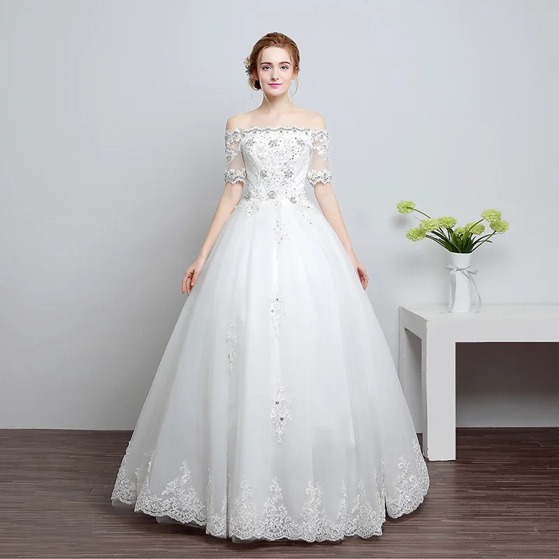 Элегантное кружевное платье с открытыми плечами украшенное кристаллами Vestidos De