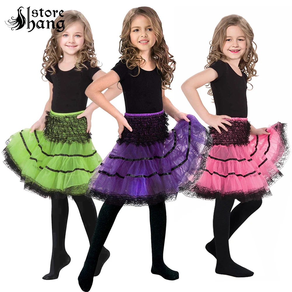 

Kids Crinoline Slip 1950s Petticoat Knee-length Circular Skirt Vintage Style Tulle Pleated Tutu Lace Underskirt 4 Colors