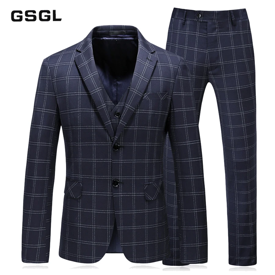British Style Plaid Casual Suit Men Single Breasted Men's Business Wedding Suits 3 Pieces Set(Jacket+Vest+Pants)
