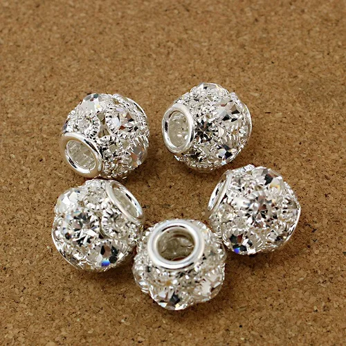 

50pcs/lot 15mm Round Shape White Rhinestone Hollw Ball Spacer DIY Beads Fit European Bracelet