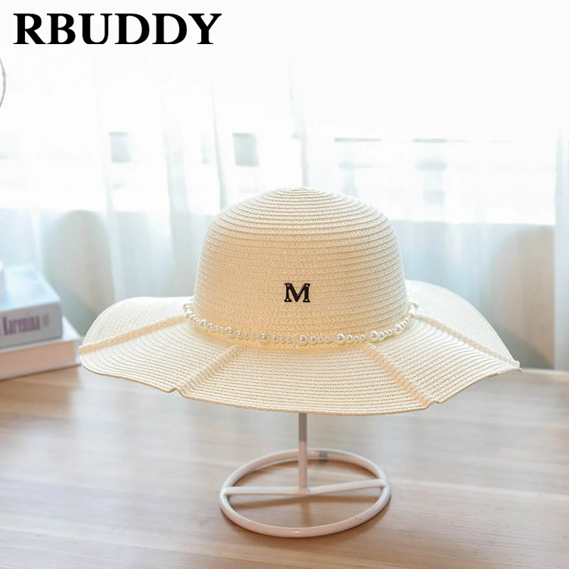 Rbuddy летние соломенные Для женщин солнца Шапки широкими полями букву м жемчужина
