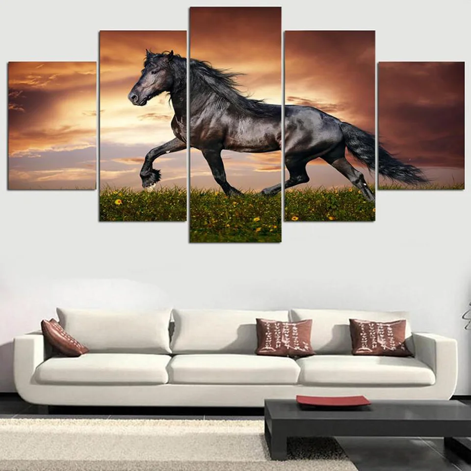 HD Print Modern Home Painting Modular Pictures 5 Panel Running Black Horse Framework Wall Art Poster Decor Living Room Canvas