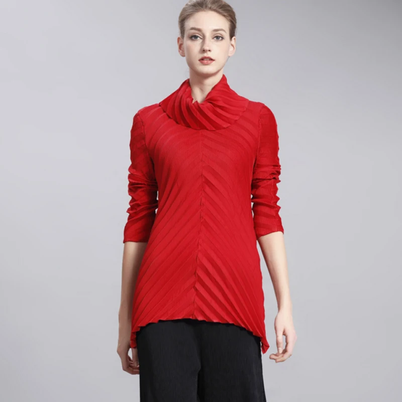 Changpleat Осенняя футболка Miyak плиссированный косой дизайн тонкий длинный рукав Высокий воротник футболка s для женщин плюс размер T7997