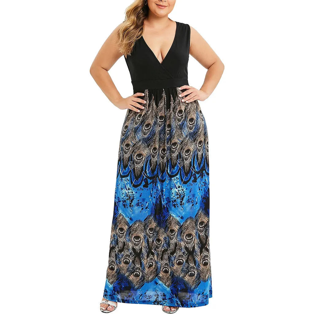Модные женские вечерние платья больших размеров Павлин без рукавов с принтом