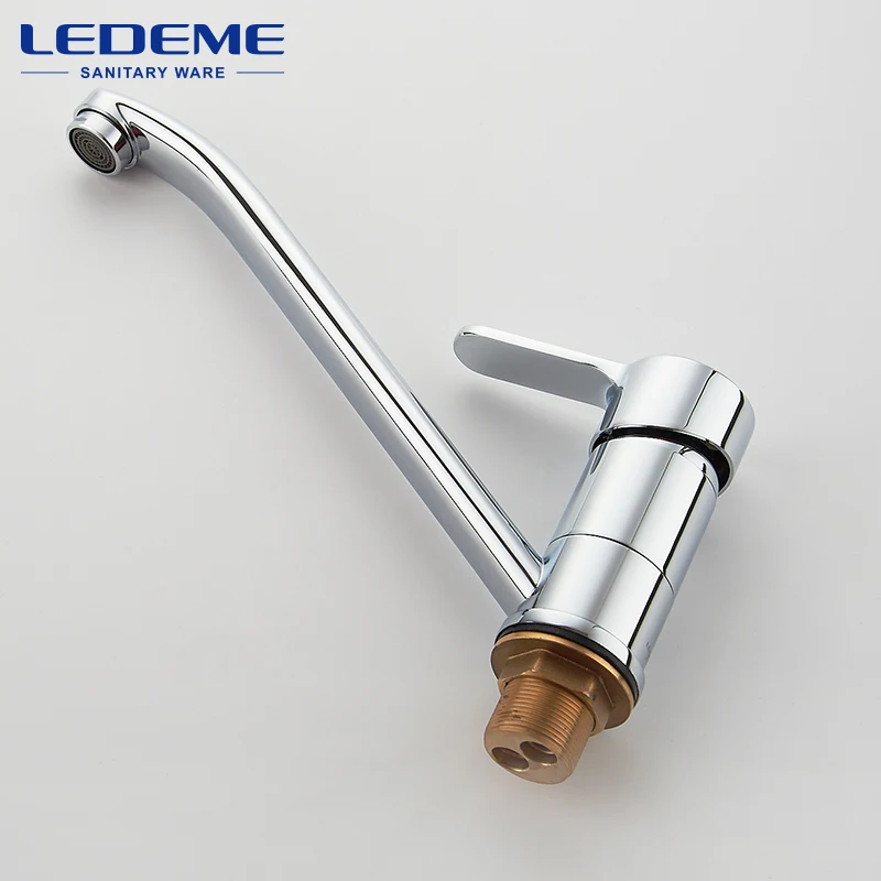 LEDEME Смеситель для кухни высокий нос с гайкой латунь Цвет: хром L4903 | Обустройство