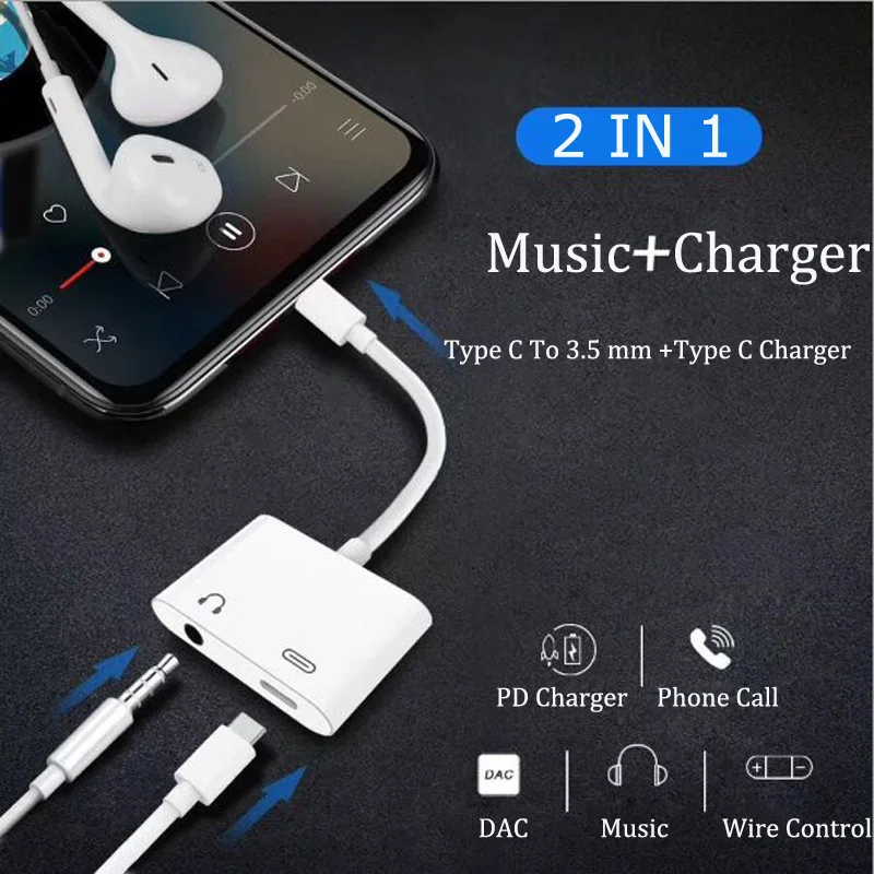 Аудиокабель Type C Aux 2 в 1 зарядное устройство адаптер для Huawei P20 Mate 10 Xiaomi Mi8 Mi6 USB до 3 5