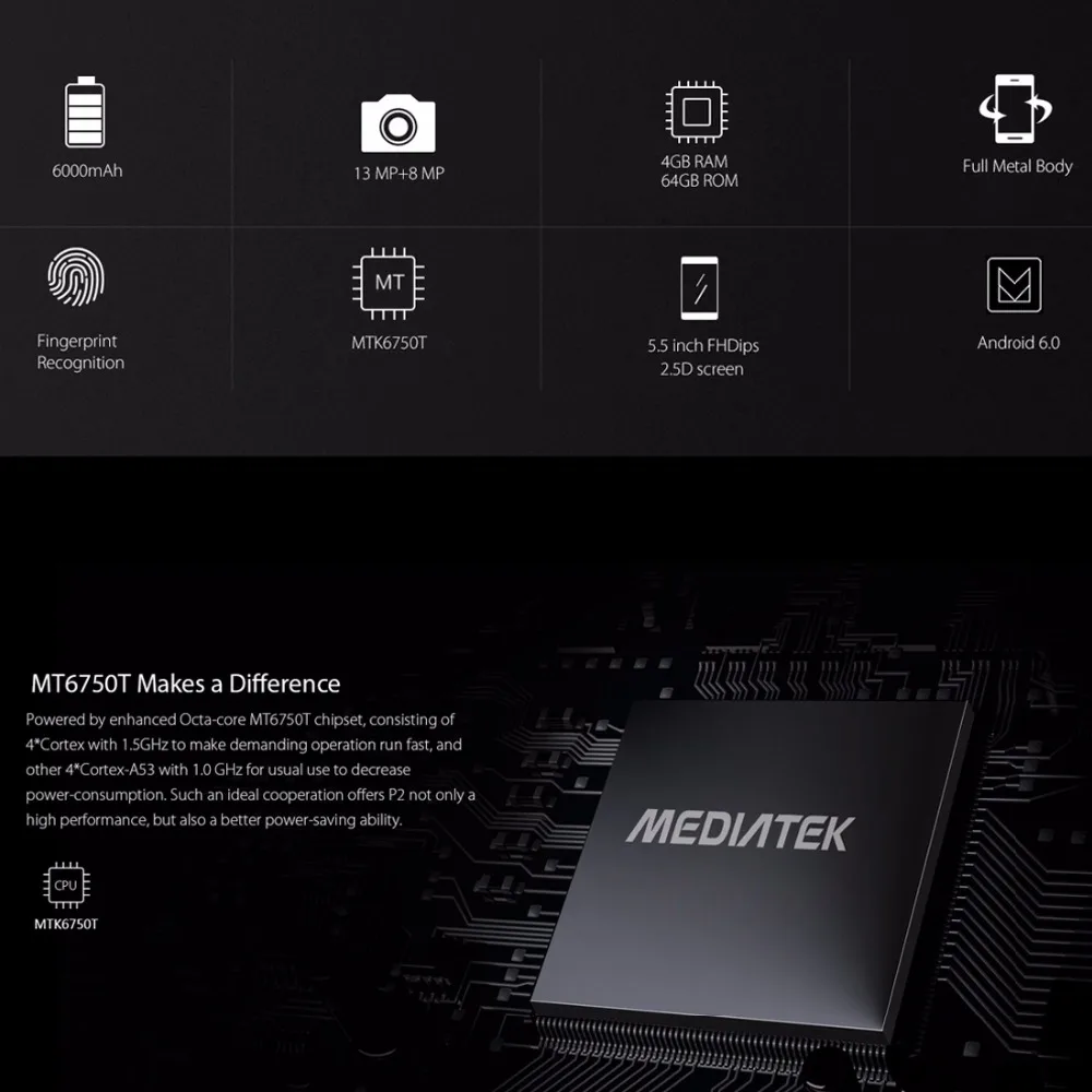 Blackview P2 смартфон 5 дюймов FHD Экран 4G B Оперативная память 6 Встроенная Android 0 MTK6750T 8 Core
