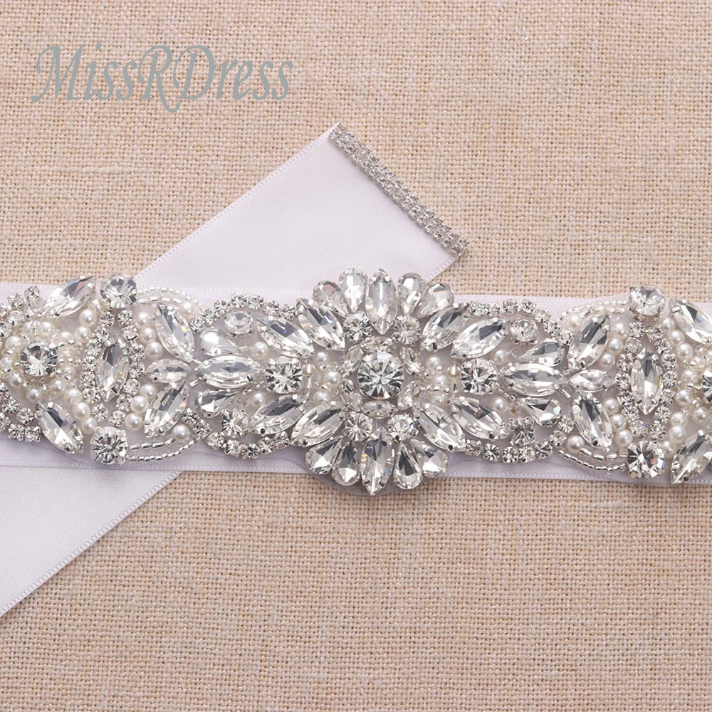 

MissRDress Pearls Bridal Dress Belt Silver Crystal Wedding Belt Rhinestones Wedding Dress Sash For Bridal Accessories JK805