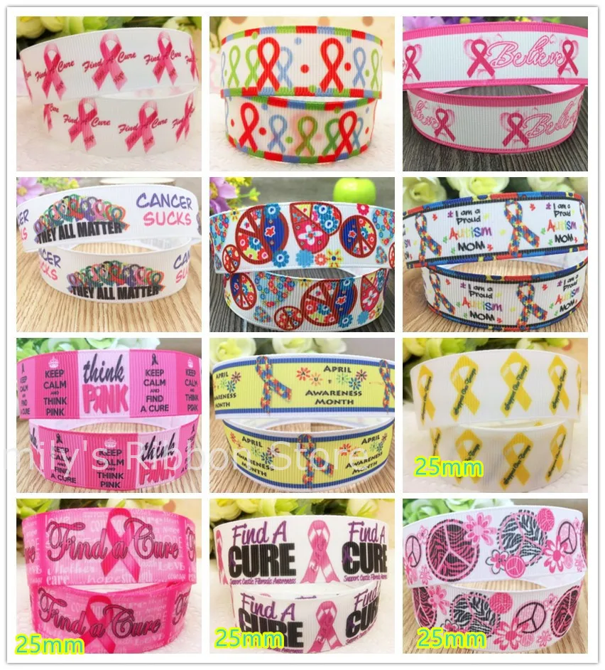 Бесплатная доставка, 7/8 дюйма, 22 мм, 1 дюйм, 25 мм, ширина, розовая лента, раковая лента с принтом мира, корсажная лента, материал для банта, подарочная лента, 10 ярдов