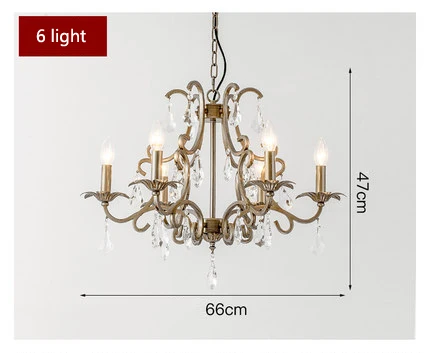 6 light Кантри кантри Люстра для гостиной, столовой, роскошная хрустальная лампа, ретро свеча, светильник для спальни, атмосфера, Хрустальная люстра - Цвет абажура: 6 light