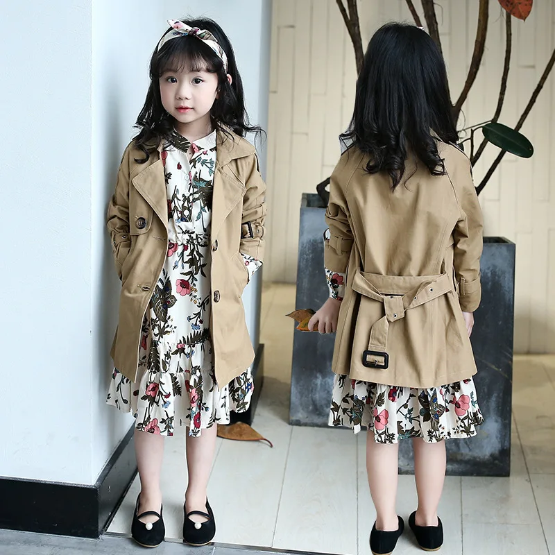 long autumn spring coat for girls 2018 khaki trend coats belt little teenage size 12 14 10 8 6 5 children clothing | Детская одежда и