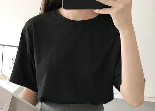 o neck black 6 цветов, лето, v-образный вырез, сплошной цвет, базовый корейский стиль, винтажный стиль, футболки с коротким рукавом, женские топы, женская футболка(R960 - Цвет: o neck black