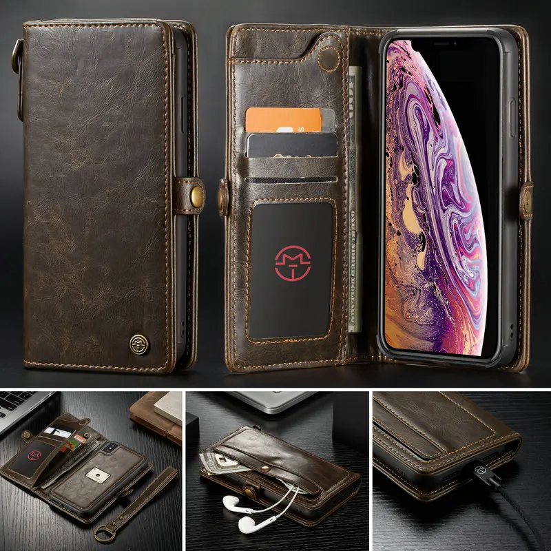 

CaseMe Wallet Case For iPhone Xr Xs Xs Max with Wrist Strap Wireless Charging Magnetic 2 in 1 Flip Purse Detachable Phone Case