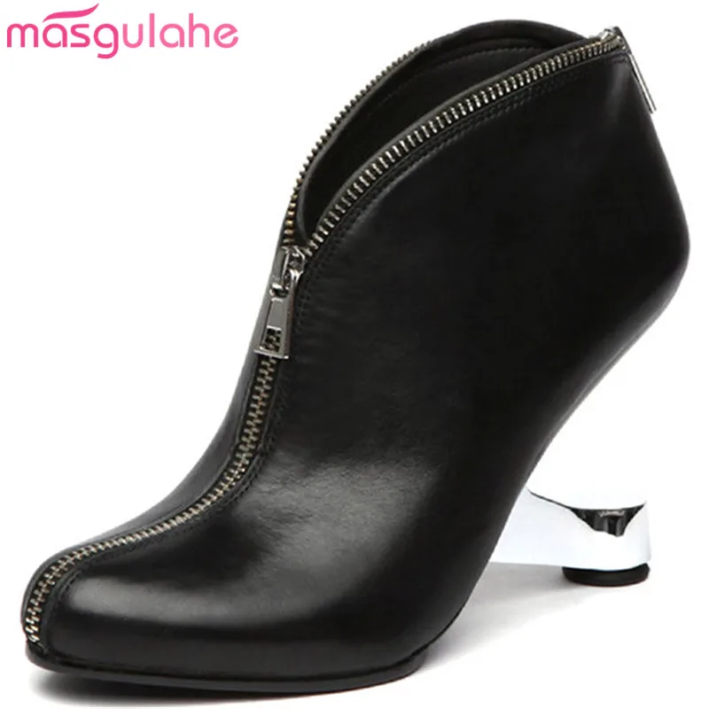 Masgulahe/черная модная обувь Сезон весна-осень Женские ботинки из натуральной кожи