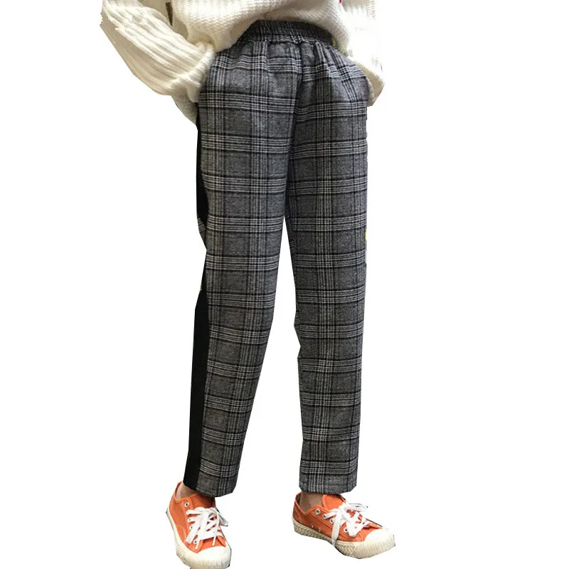 2018 Осень Зима шерстяные штаны женские свободные клетчатые шаровары повседневные
