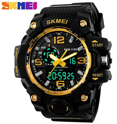 gold 1155 SKMEI стильные мужские часы, спортивные часы с двойным дисплеем, мужские часы, спортивные часы, люксовый бренд, светодиодный, военные, водонепроницаемые мужские наручные часы - Цвет: gold 1155