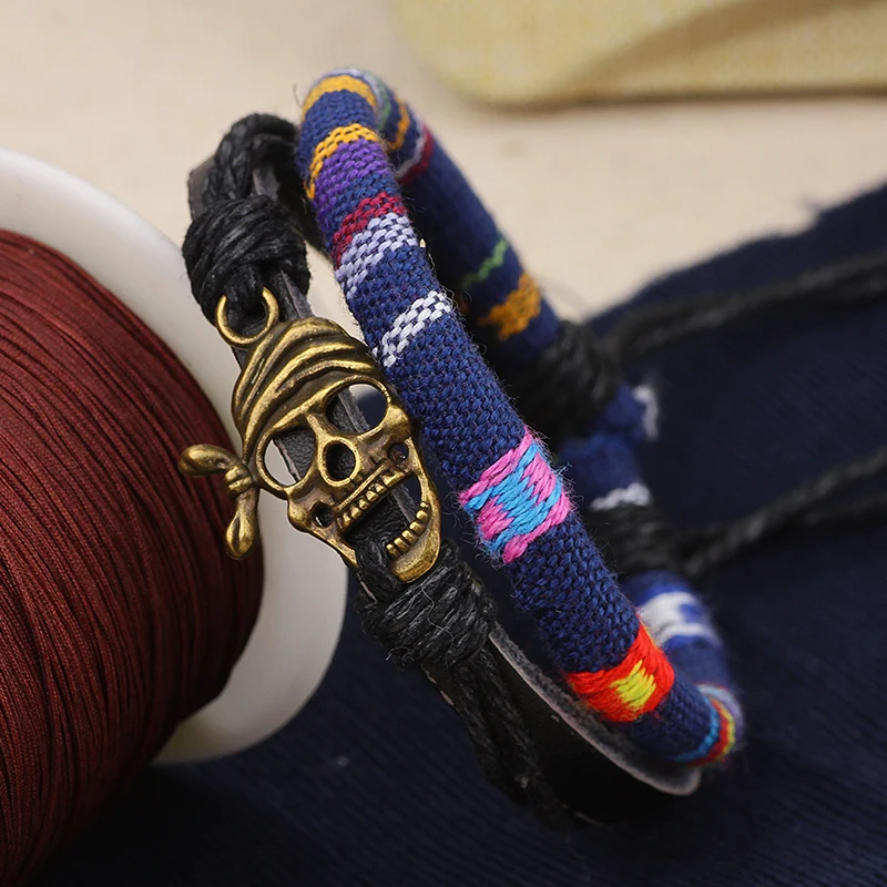 Мужской браслет CC160 кожаный тканевый в стиле панк с черепом|bracelets for|woven braceletleather