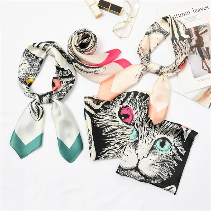 

70x70cm Women Silk Print Foulard Cute Cartoon Cat Square Scarf for Female Girl Headband Scarf Neck Tie Wear 39 Styles Scarves