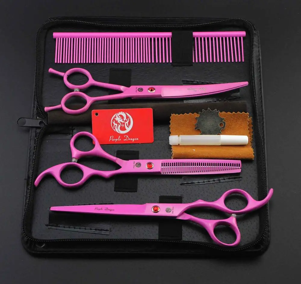 Pink 7,0 дюймов красочное покрытие собака Уход за лошадьми ножницы комплект прямо ножницами изогнутые ножницы филировочные ножницы+ расчесывать волосы режущего инструмента ножницы машинка для стрижки собак стрижка собак - Цвет: Pink