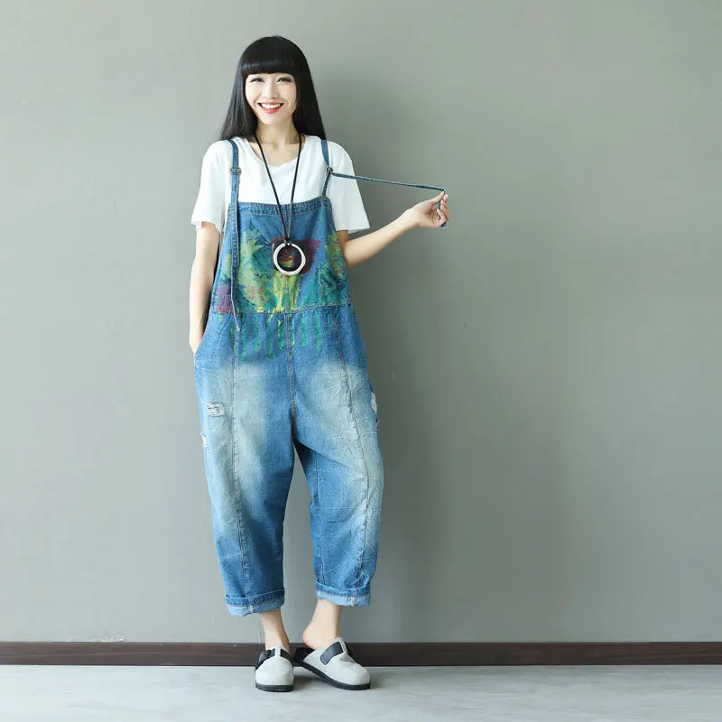 

Vintage Retro Hippie Boho Hip Hop Overalls Harem Vintage Print Casual Pantalon Femme Cotton Denim Jeans Pants for Women Trousers