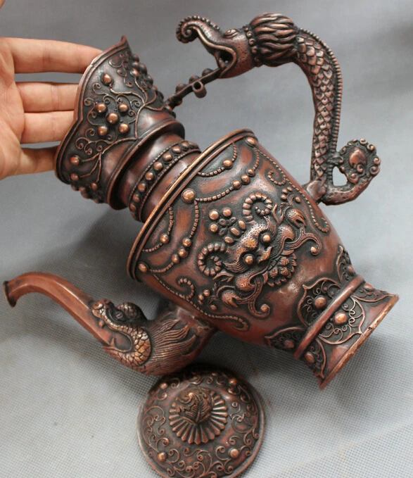 free shipping USPS to USA S1220 10&quot Chinese Red Copper Bronze Buddhism Dragon Head Statue Lion Wine Pot Teapot | Дом и сад