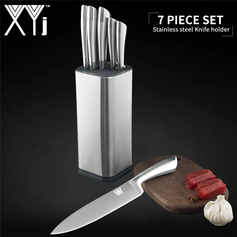 A.7PCS SET XYj, 7 шт., набор кухонных ножей из нержавеющей стали, высокоуглеродистые лезвия, изогнутая ручка, нож, 8 дюймов, подставка для ножей из нержавеющей стали - Цвет: A.7PCS SET