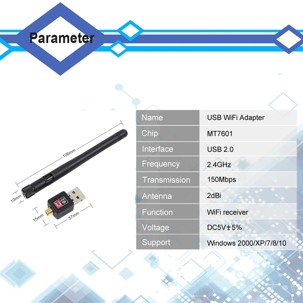 150 Мбит/с USB адаптер антенны Wi-Fi 2dBi Беспроводной сетевой карты 2,4G Wi-Fi Dongle PC USB Ethernet WiFi приемник MT7601 802.11b/g/n