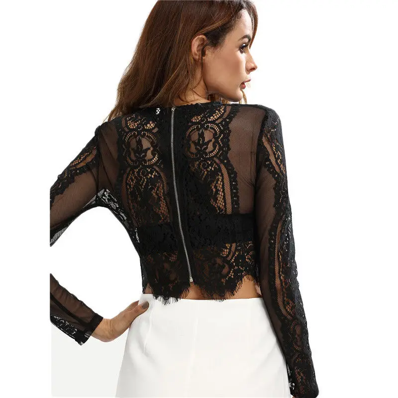 2019 Hot Sale Lace Blouse Womens Slim Flore Shirt Mesh Crop Tops Long Sleeve Hollow Out Sheer Short | Женская одежда
