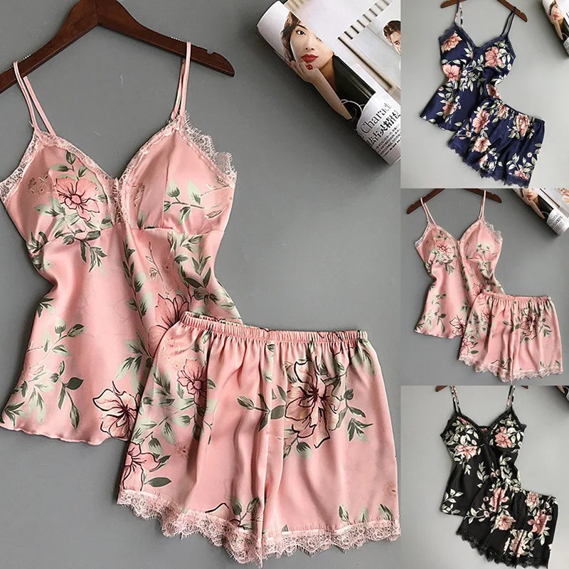

Womens Sexy Satin Lace Sleepwear Lingerie 2pcs Set Ladies Nightdress Pajamas Set