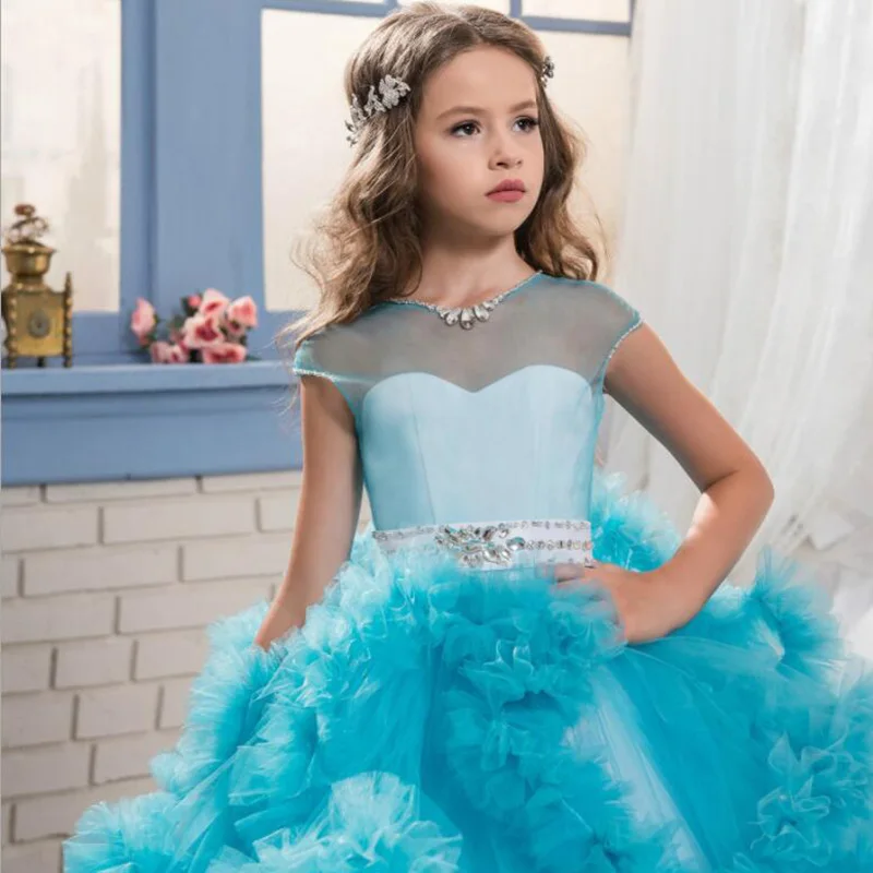 blue Коллекция года, Aibaowedding, детское платье принцессы Розовые пышные платья для девочек, Длинные Детские бальные платья, фатиновые Платья с цветочным узором для девочек - Цвет: blue
