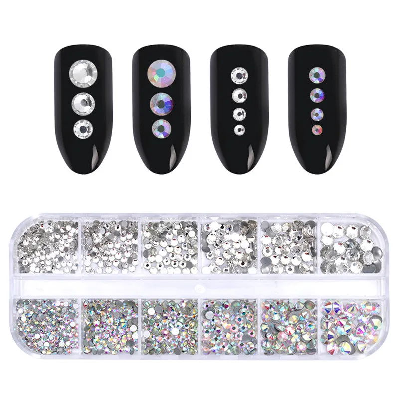 Nail Rhinestones 12 сеток AB цветные Стразы для ногтей разные размеры прозрачное плоское дно DIY Дизайн ногтей 3D украшения аксессуары инструменты для маникюра - Цвет: Nail Rhinestones