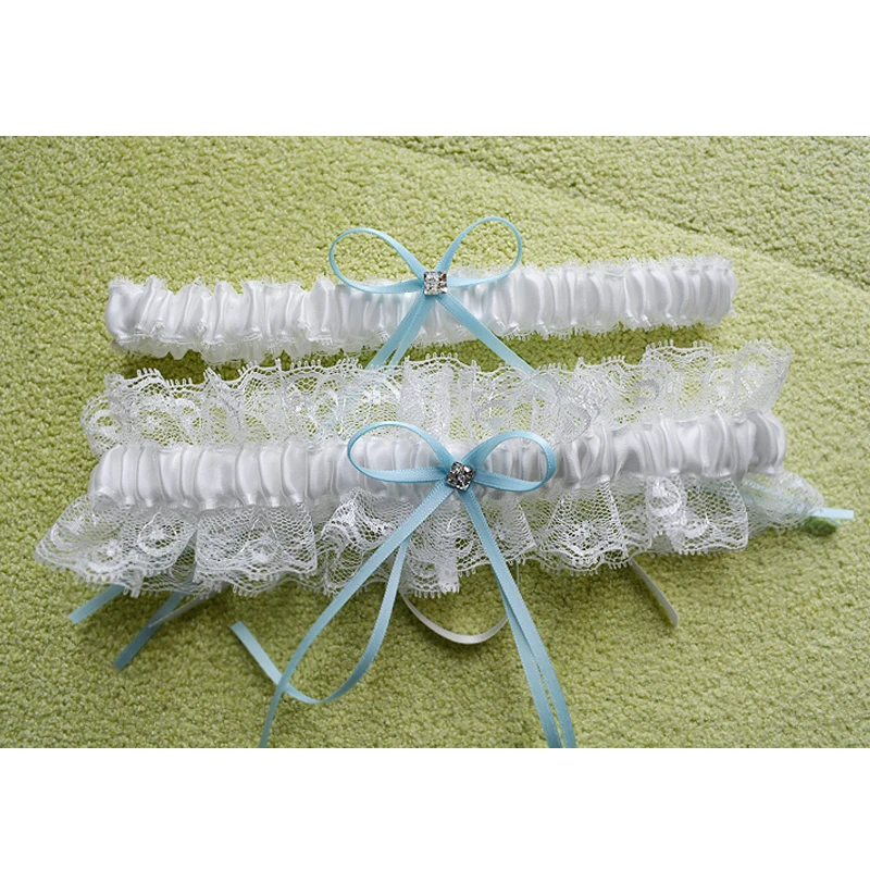 

2pcs/set Lace Wedding Garter crystal blue bow Bride Garters Women's Sexy Leg ring Belt Suspender Marriage Ceremony accessories