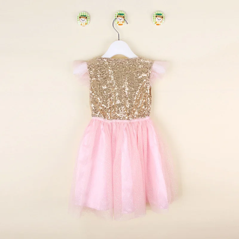 Cute Retail Baby Summer Dress Little Girl Gold Sequin Top with Pink Glitter Tulle Stitching Tutu Kids Party Princess | Детская одежда и