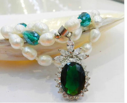 White Pearl &amp Dark Green Crystal Necklace Egg-shaped Cut Pendant A+02 Lovely Women's Wedding Jewelry Pretty! | Украшения и